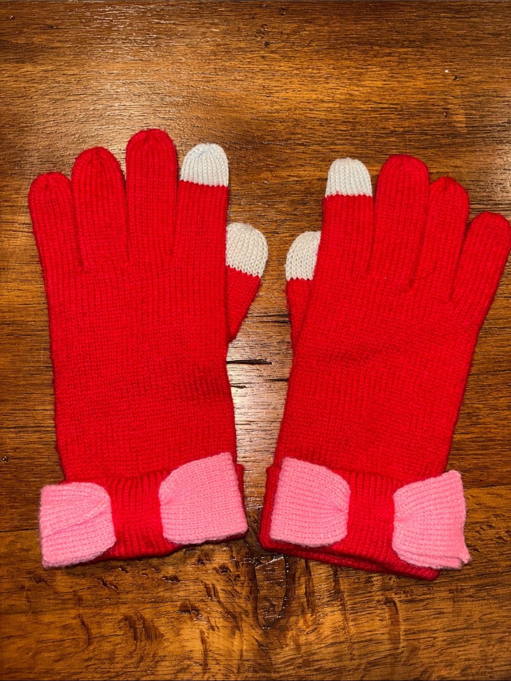 kate spade Red Knit Mittens with Pink Bow and White Touch Tips